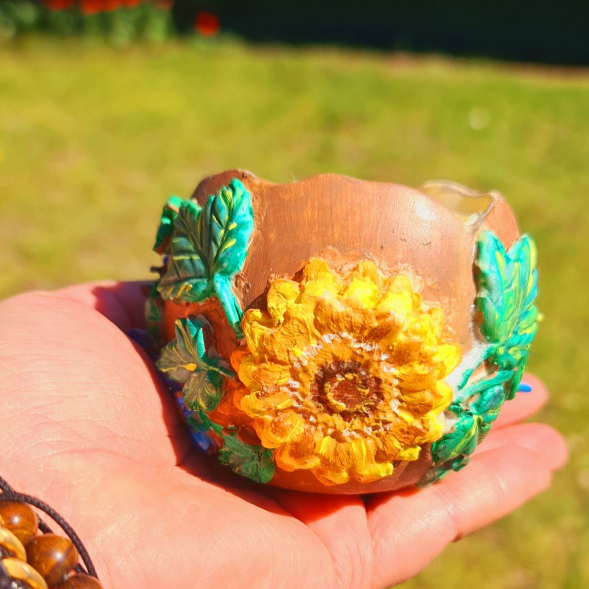 Handmade Candle in Gypsum Candleholder with Polymer Clay Flowers