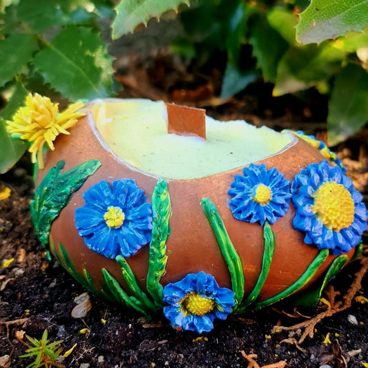 Handmade Candle in Gypsum Candleholder with Polymer Clay Flowers